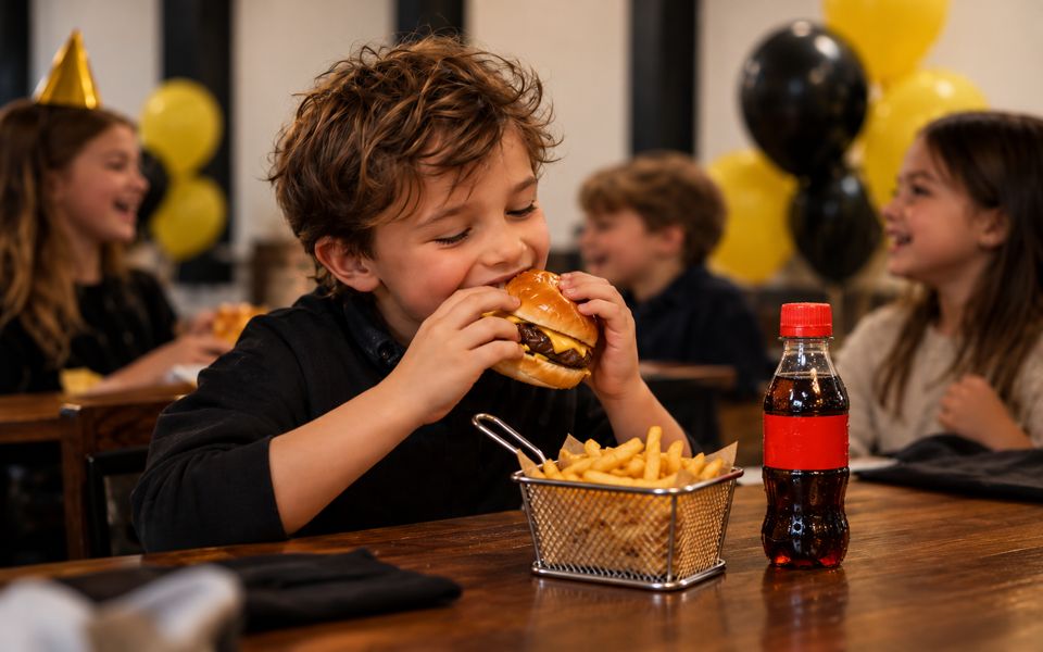 Criança mordendo um hambúrguer em uma festa de aniversário, com batata frita e refrigerante na mesa e balões amarelos e pretos ao fundo